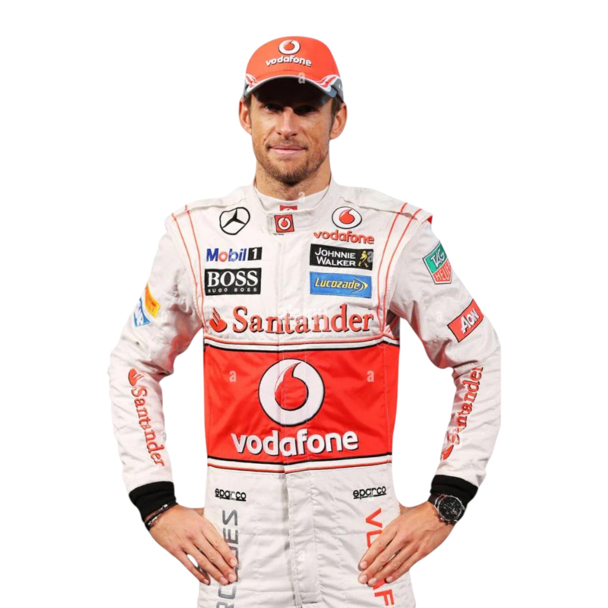 Jenson Button 2013 McLaren F1 race suit replica white McLaren Mercedes design with silver and red accents and official sponsor logos
