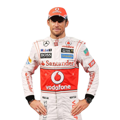 Jenson Button 2013 McLaren F1 race suit replica white McLaren Mercedes design with silver and red accents and official sponsor logos
