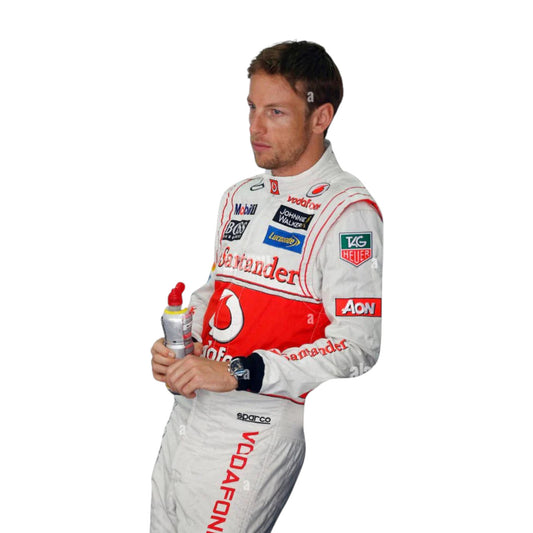Jenson Button 2013 McLaren F1 race suit replica white McLaren Mercedes design with silver and red accents and official sponsor logos