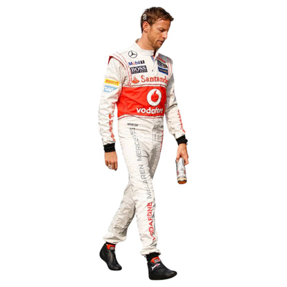 Jenson Button 2013 McLaren F1 race suit replica white McLaren Mercedes design with silver and red accents and official sponsor logos