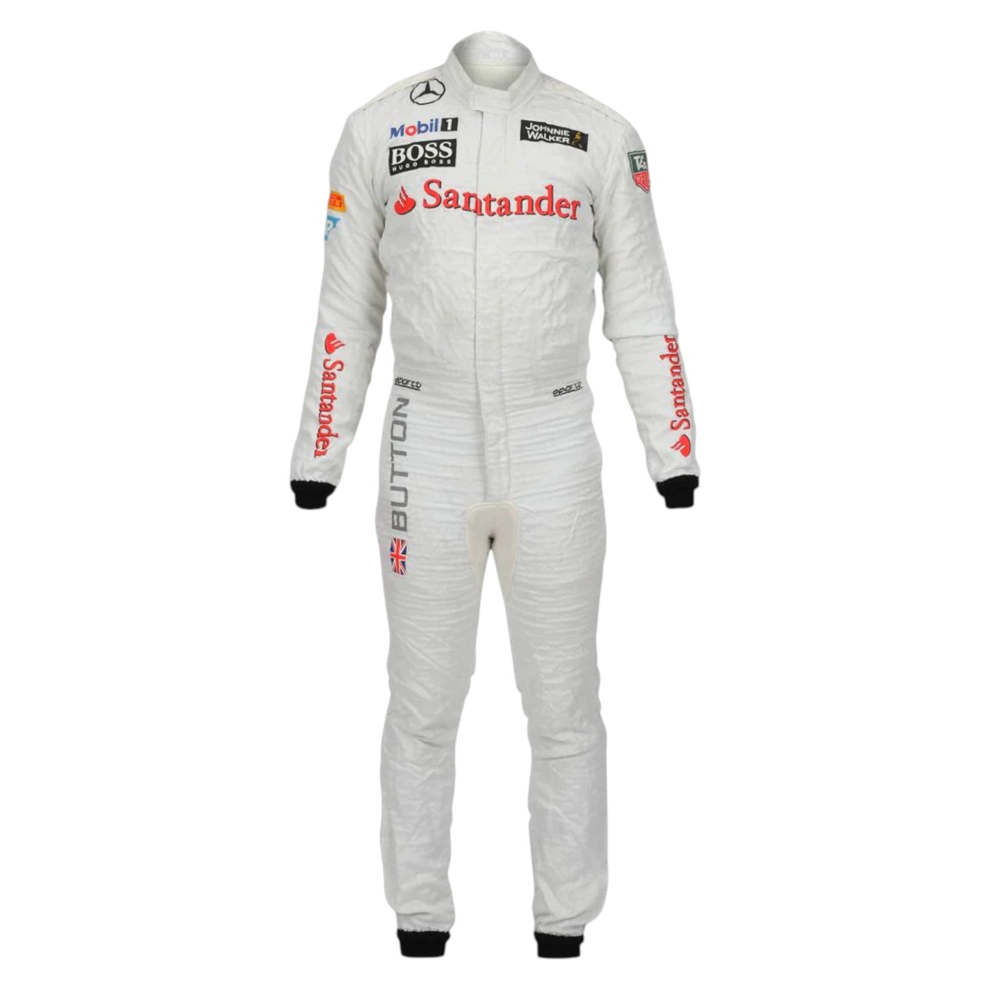 Jenson Button 2014 McLaren F1 race suit replica white McLaren Mercedes design with red and grey detailing and authentic sponsor logos