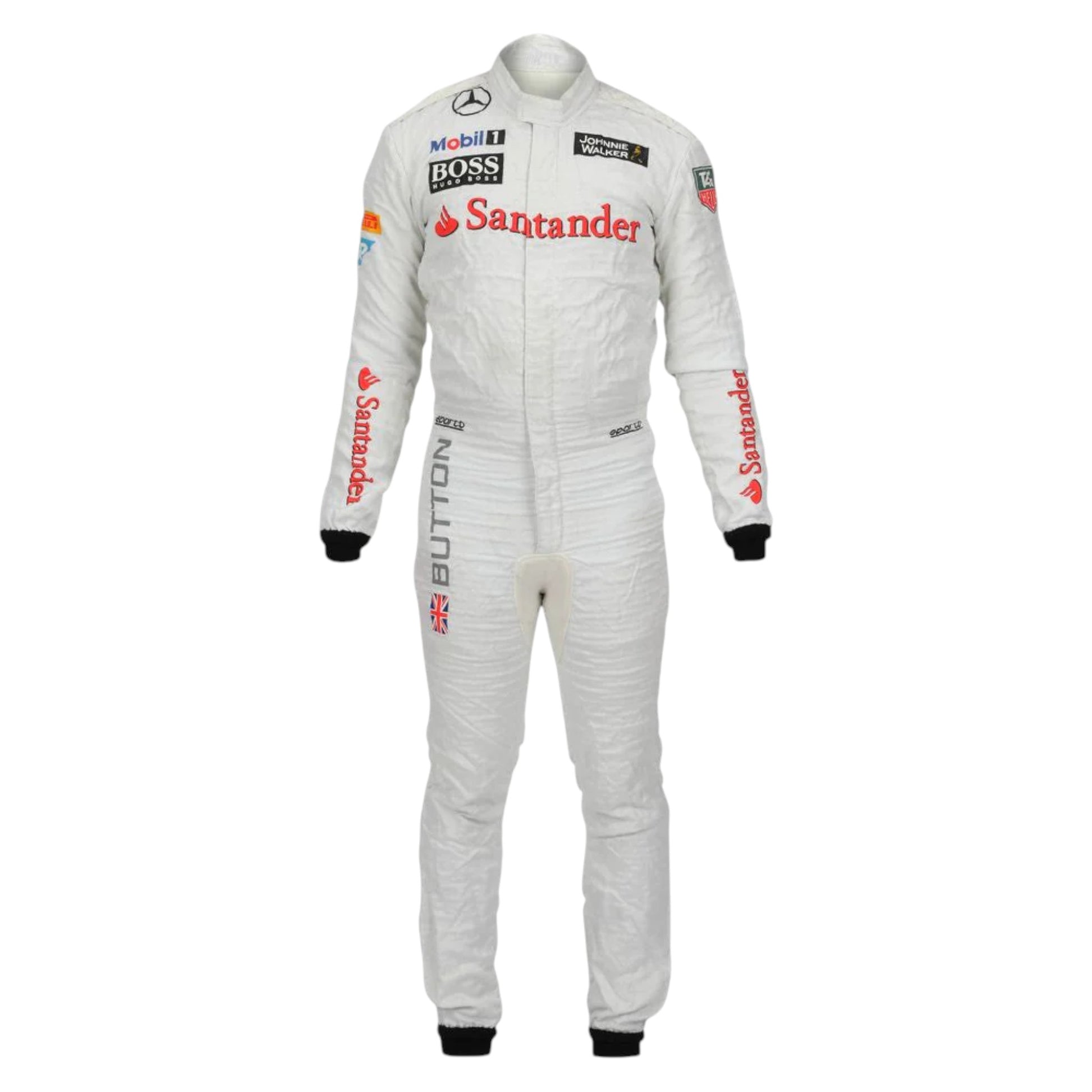 Jenson Button 2014 McLaren F1 race suit replica white McLaren Mercedes design with red and grey detailing and authentic sponsor logos