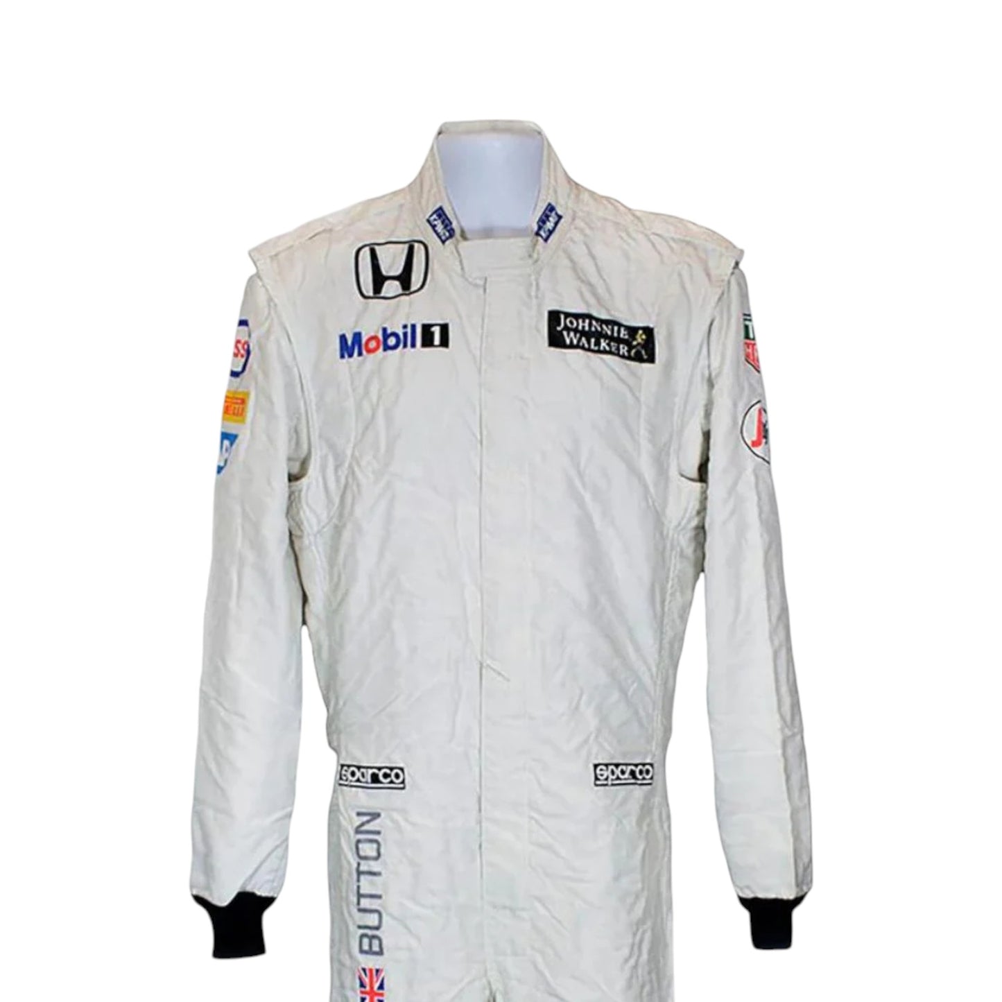 Jenson Button 2015 McLaren F1 race suit replica white McLaren Honda design with minimal sponsor logos and clean modern styling
