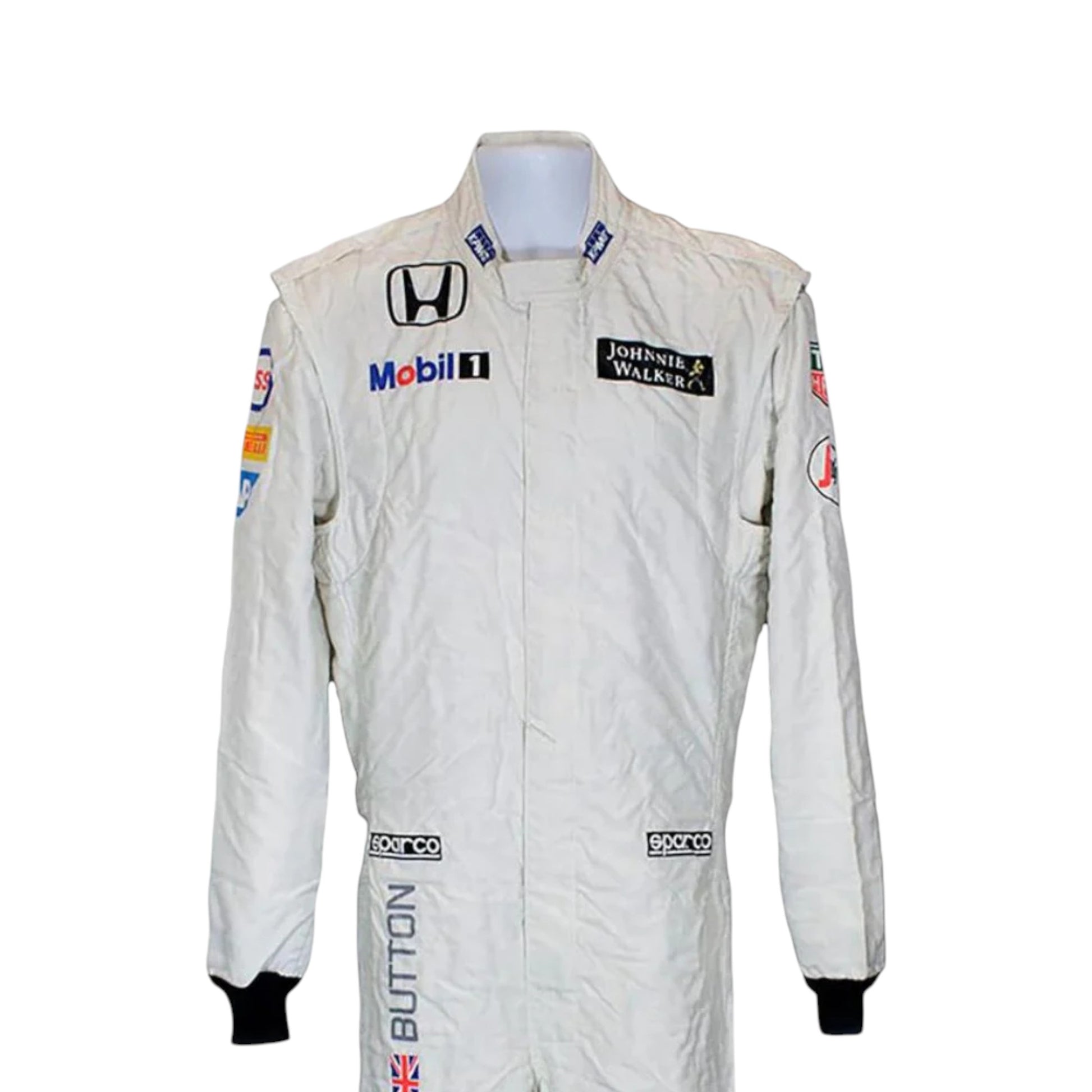 Jenson Button 2015 McLaren F1 race suit replica white McLaren Honda design with minimal sponsor logos and clean modern styling

