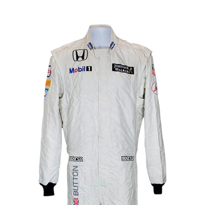 Jenson Button 2015 McLaren F1 race suit replica white McLaren Honda design with minimal sponsor logos and clean modern styling
