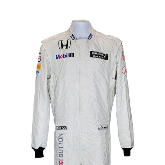 Jenson Button 2015 McLaren F1 race suit replica white McLaren Honda design with minimal sponsor logos and clean modern styling
