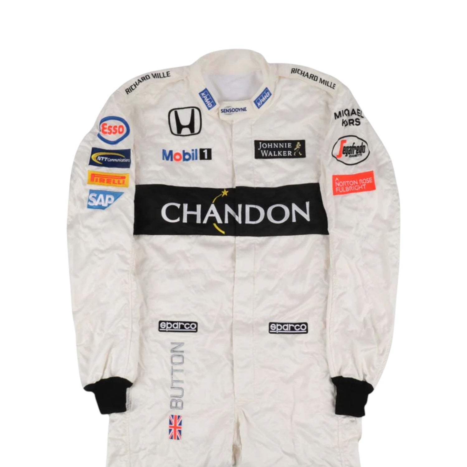 Jenson Button 2016 McLaren F1 race suit replica white McLaren Honda design featuring orange and black detailing with authentic sponsor logos
