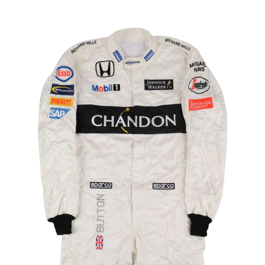 Jenson Button 2016 McLaren F1 race suit replica white McLaren Honda design featuring orange and black detailing with authentic sponsor logos
