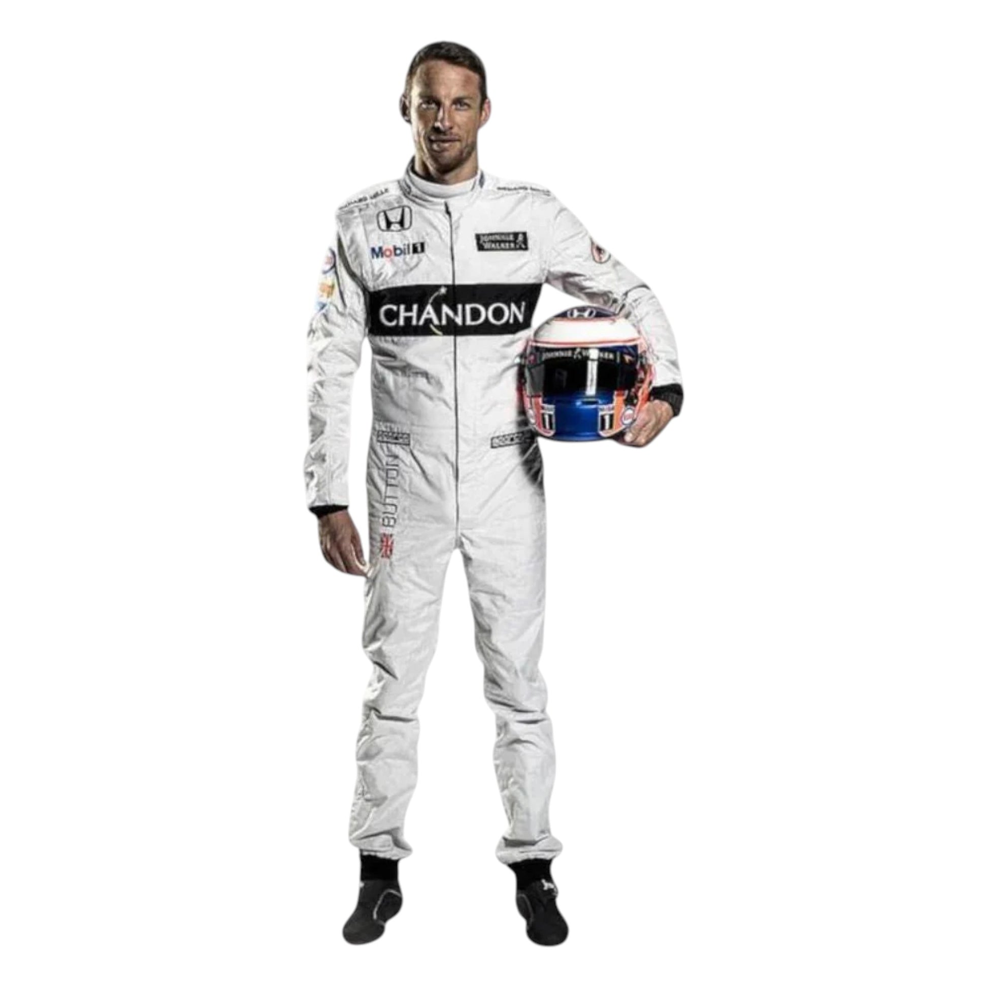 Jenson Button 2016 McLaren F1 race suit replica white McLaren Honda design featuring orange and black detailing with authentic sponsor logos
