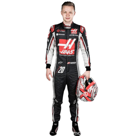 Kevin Magnussen 2017 Haas F1 race suit replica with grey, red, and black team design