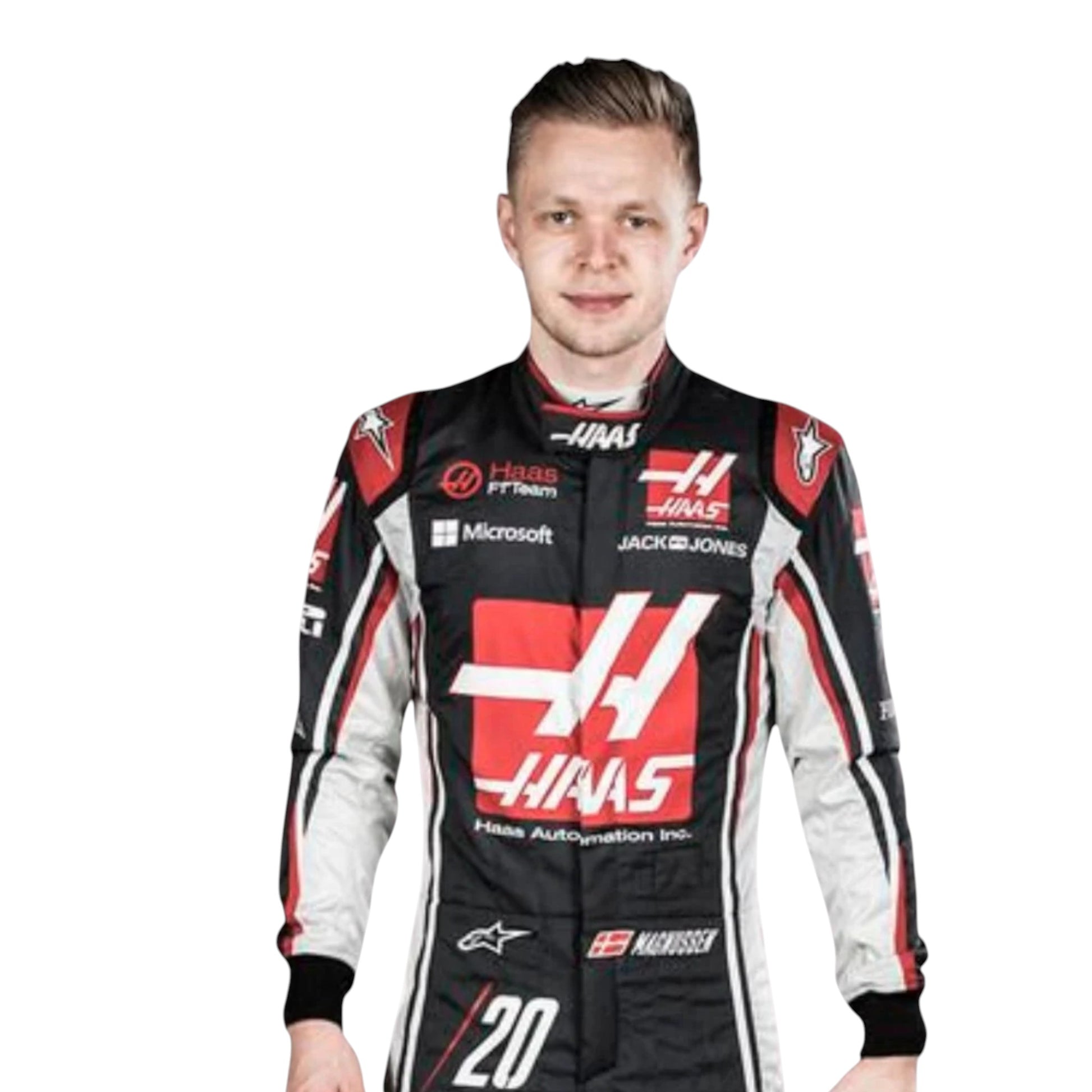 Kevin Magnussen 2017 Haas F1 race suit replica with grey, red, and black team design