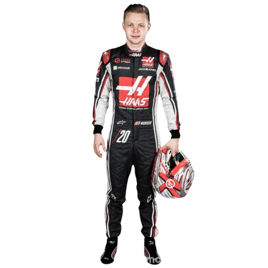Kevin Magnussen 2018 Haas F1 race suit replica with black, red, and grey design featuring team logos