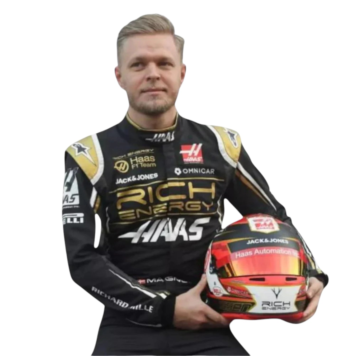 Kevin Magnussen 2019 Haas F1 race suit replica with black and gold design featuring Rich Energy branding