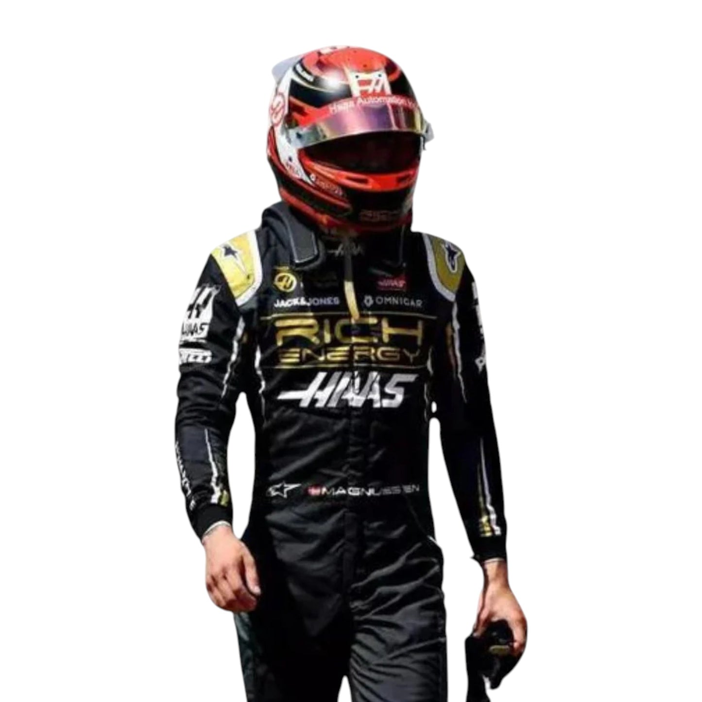 Kevin Magnussen 2019 Haas F1 race suit replica with black and gold design featuring Rich Energy branding