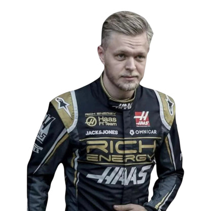 Kevin Magnussen 2019 Haas F1 race suit replica with black and gold design featuring Rich Energy branding