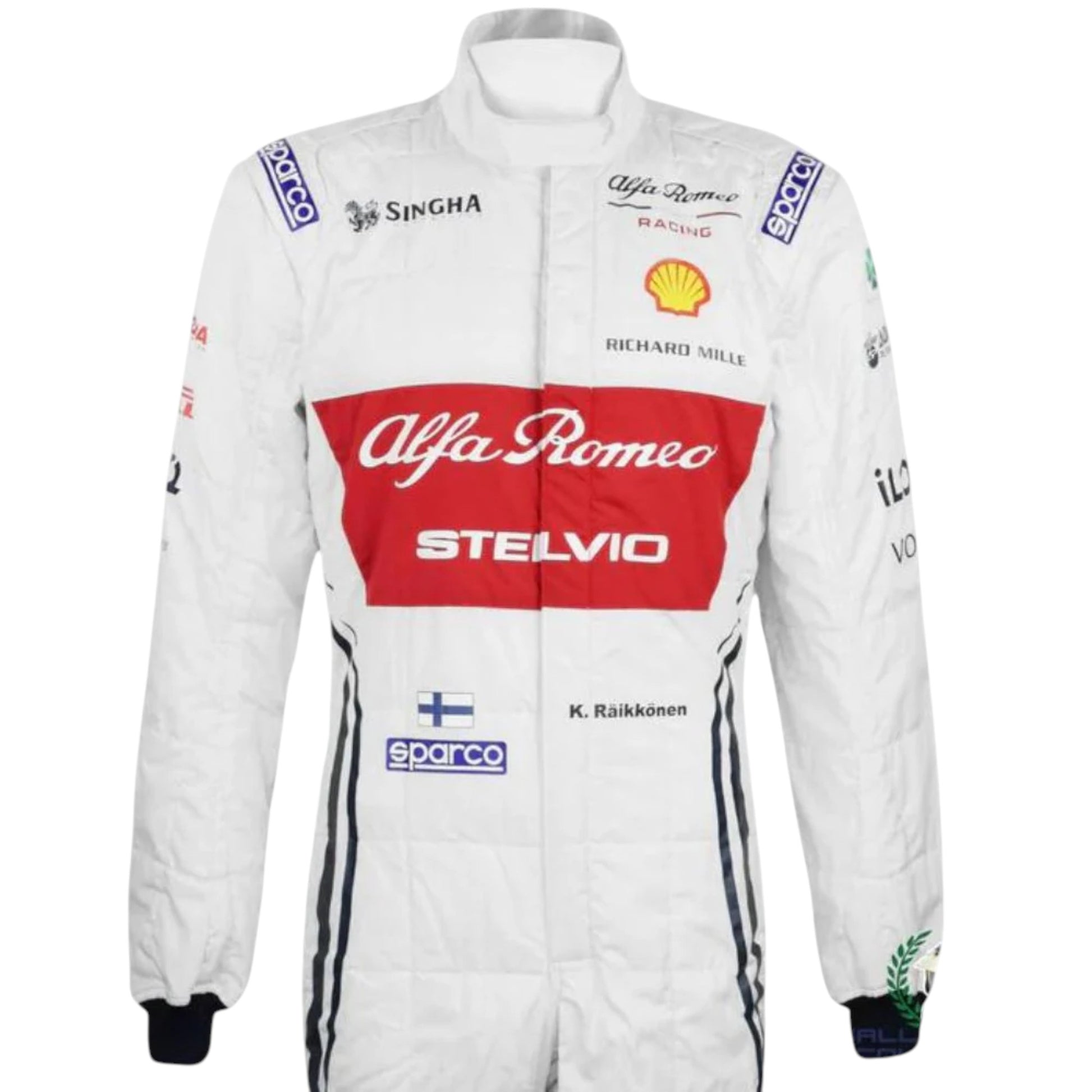 Kimi Räikkönen 2019 Alfa Romeo F1 race suit replica featuring iconic red and white design with team sponsor logos