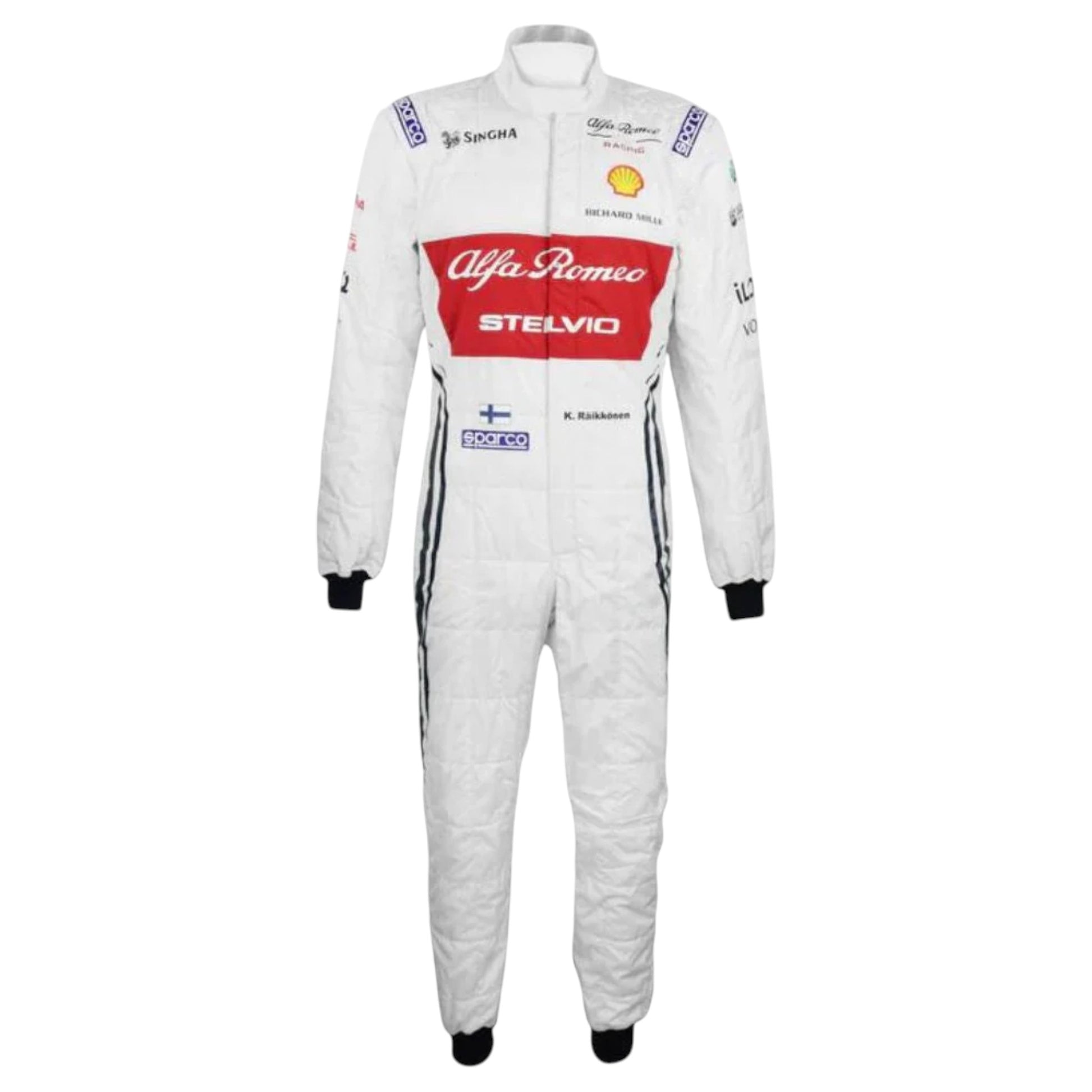Kimi Räikkönen 2019 Alfa Romeo F1 race suit replica featuring iconic red and white design with team sponsor logos