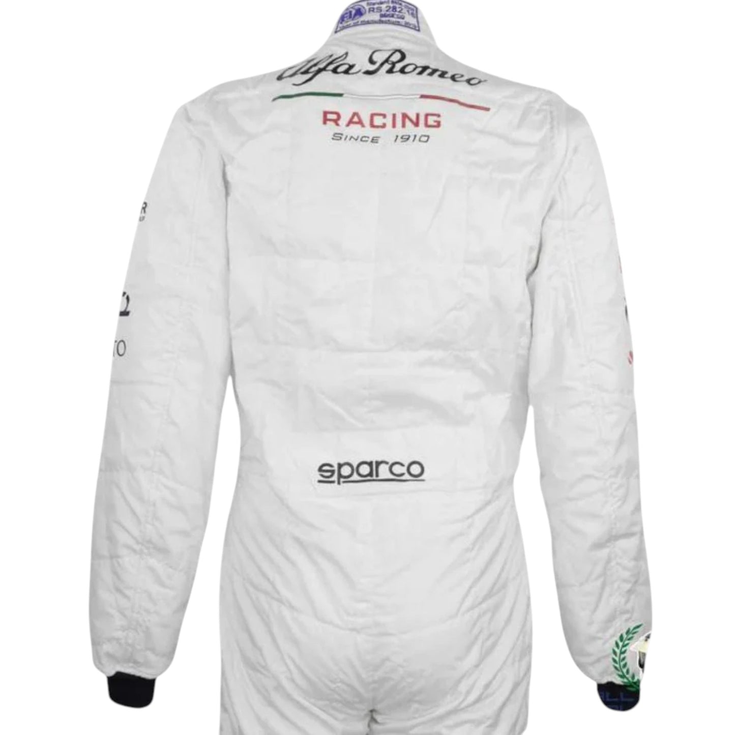 Kimi Räikkönen 2019 Alfa Romeo F1 race suit replica featuring iconic red and white design with team sponsor logos