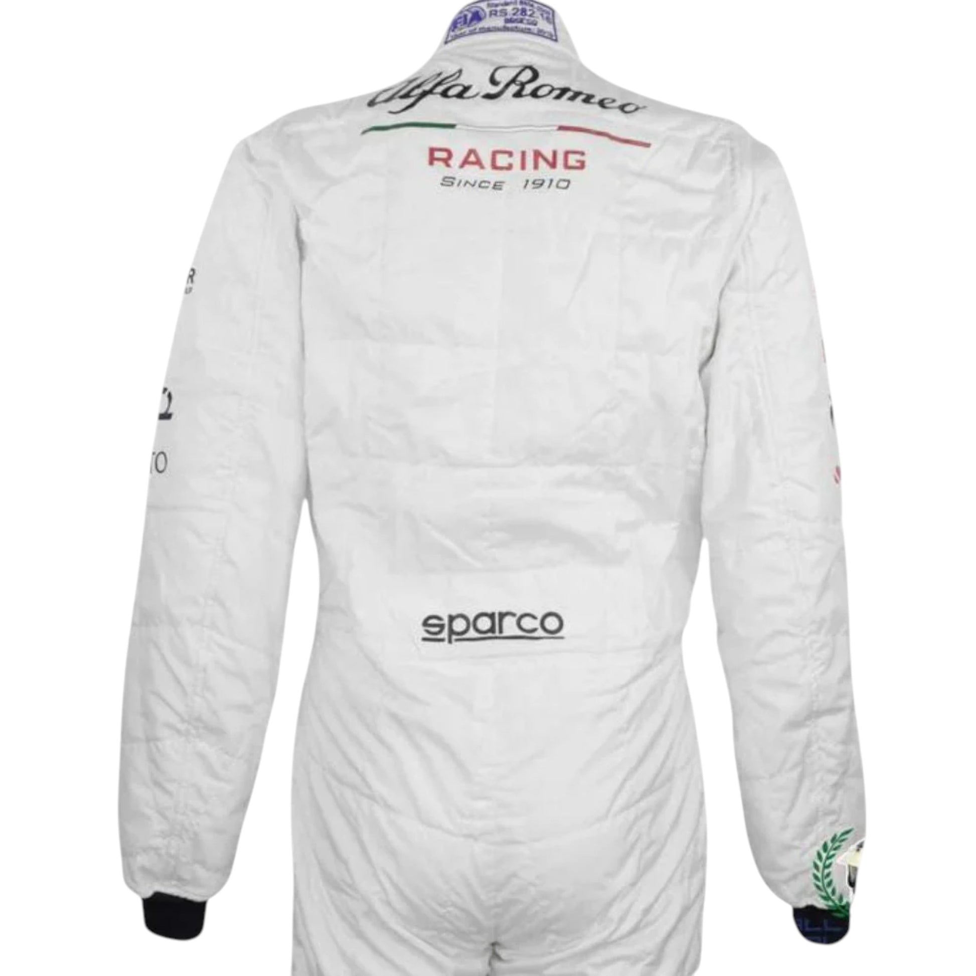 Kimi Räikkönen 2019 Alfa Romeo F1 race suit replica featuring iconic red and white design with team sponsor logos