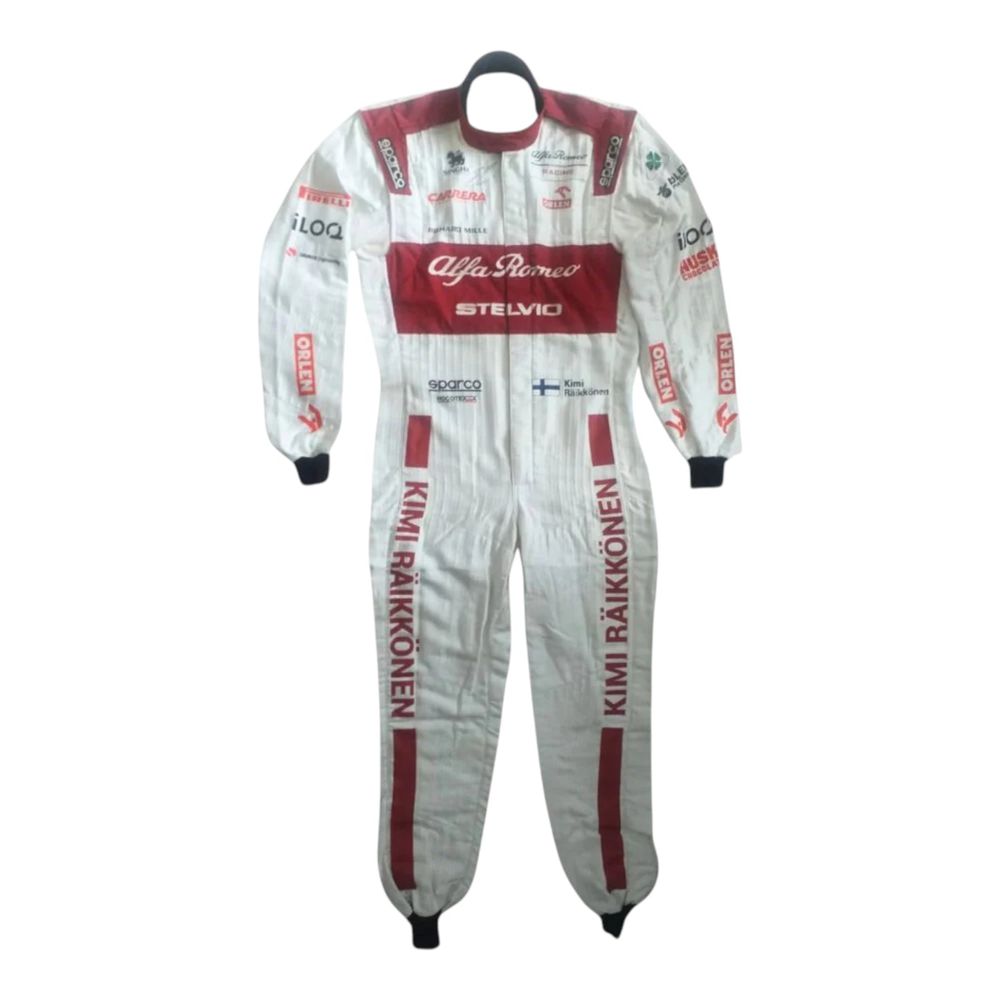 Kimi Räikkönen 2020 Alfa Romeo F1 race suit replica featuring red white Orlen design and official team logos
