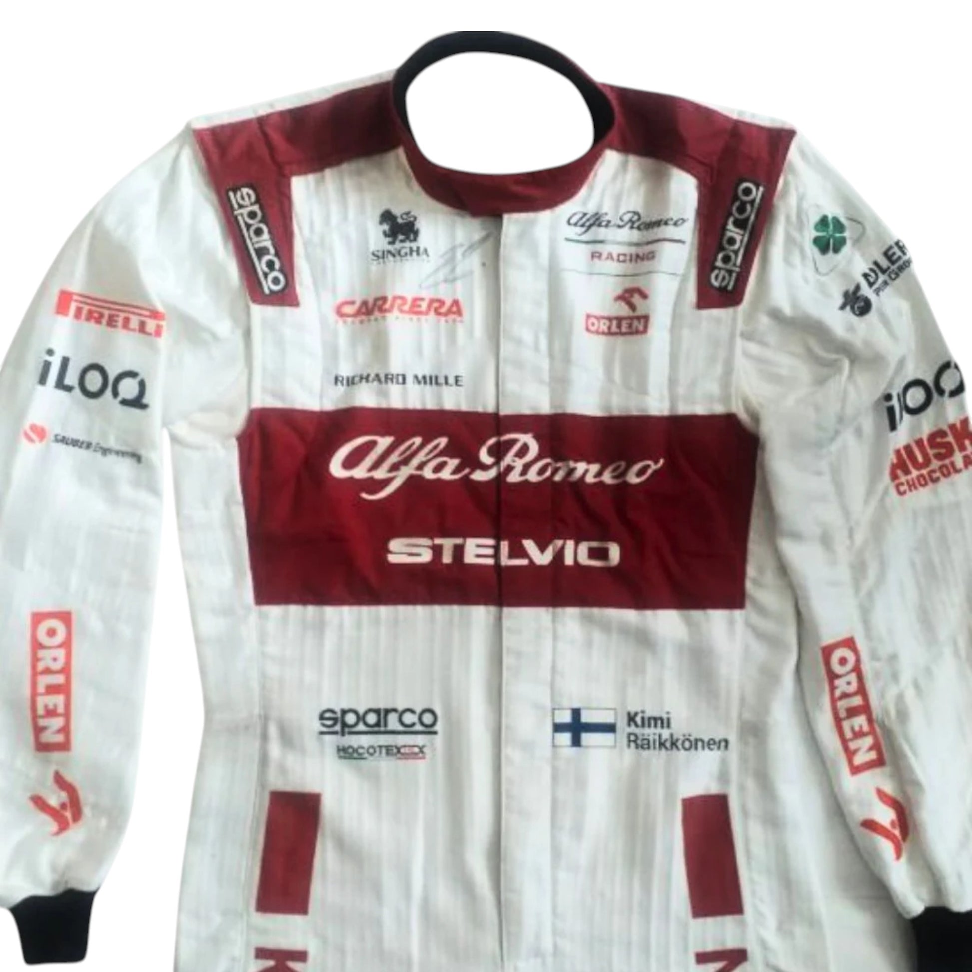 Kimi Räikkönen 2020 Alfa Romeo F1 race suit replica featuring red white Orlen design and official team logos