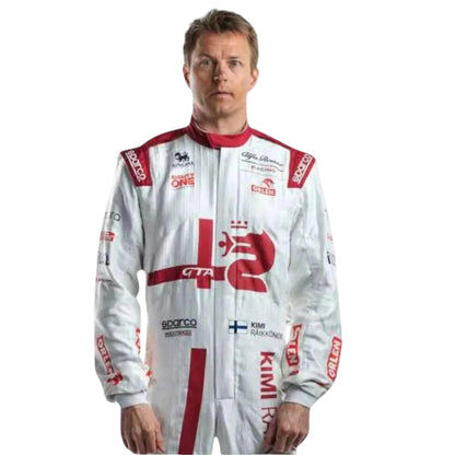 Kimi Räikkönen 2021 Alfa Romeo F1 race suit replica with red and white Orlen team design and sponsor logos