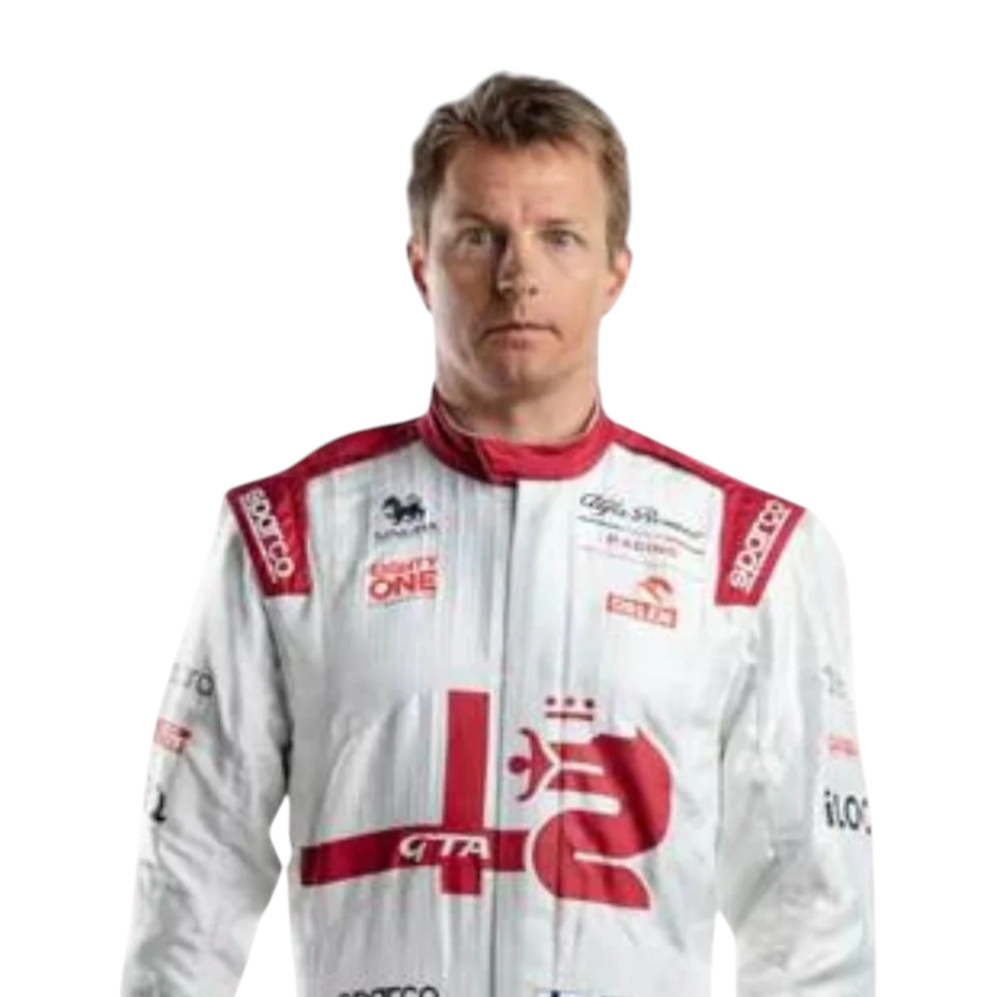 Kimi Räikkönen 2021 Alfa Romeo F1 race suit replica with red and white Orlen team design and sponsor logos