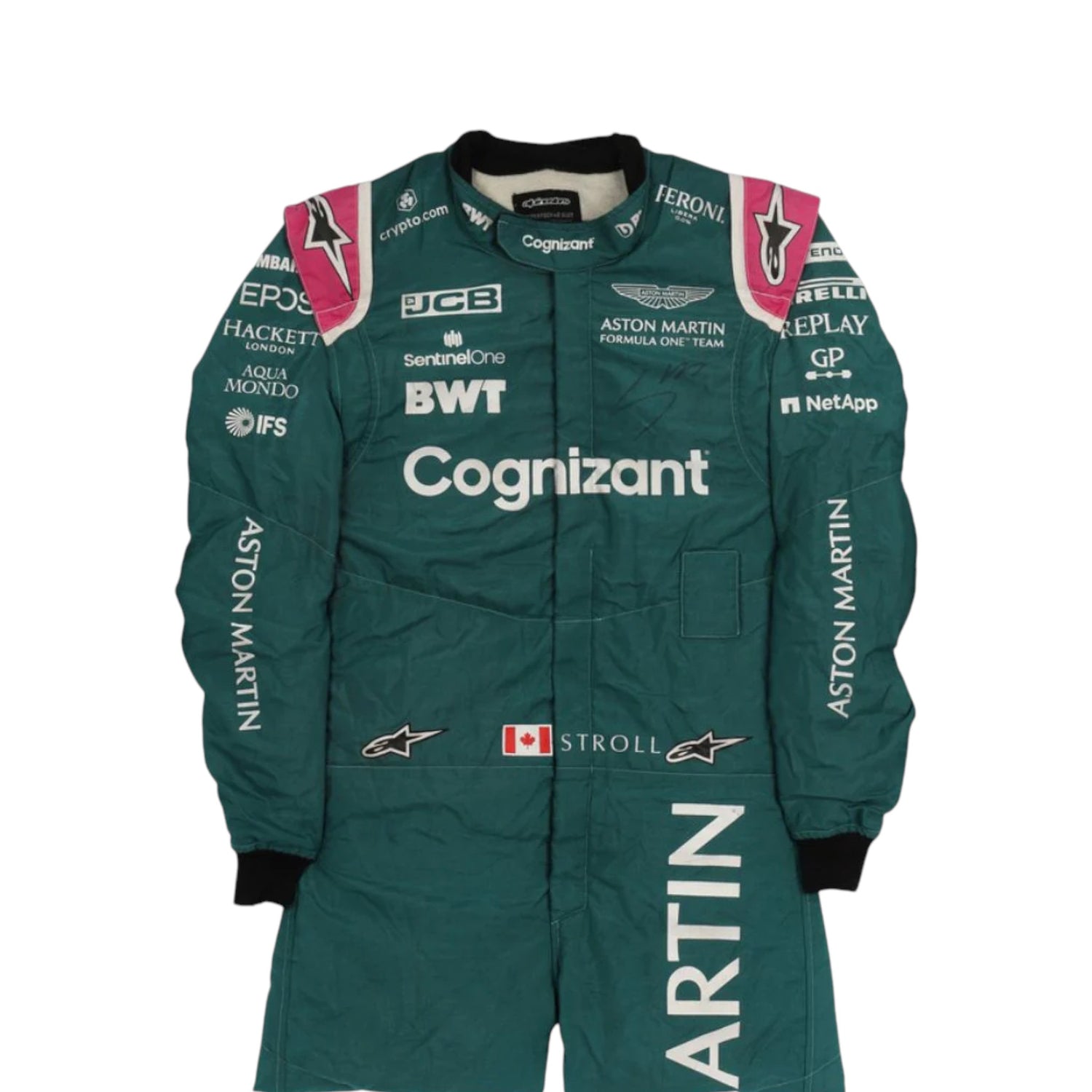 Lance Stroll 2021 Aston Martin F1 race suit replica featuring iconic British racing green design and sponsor logos