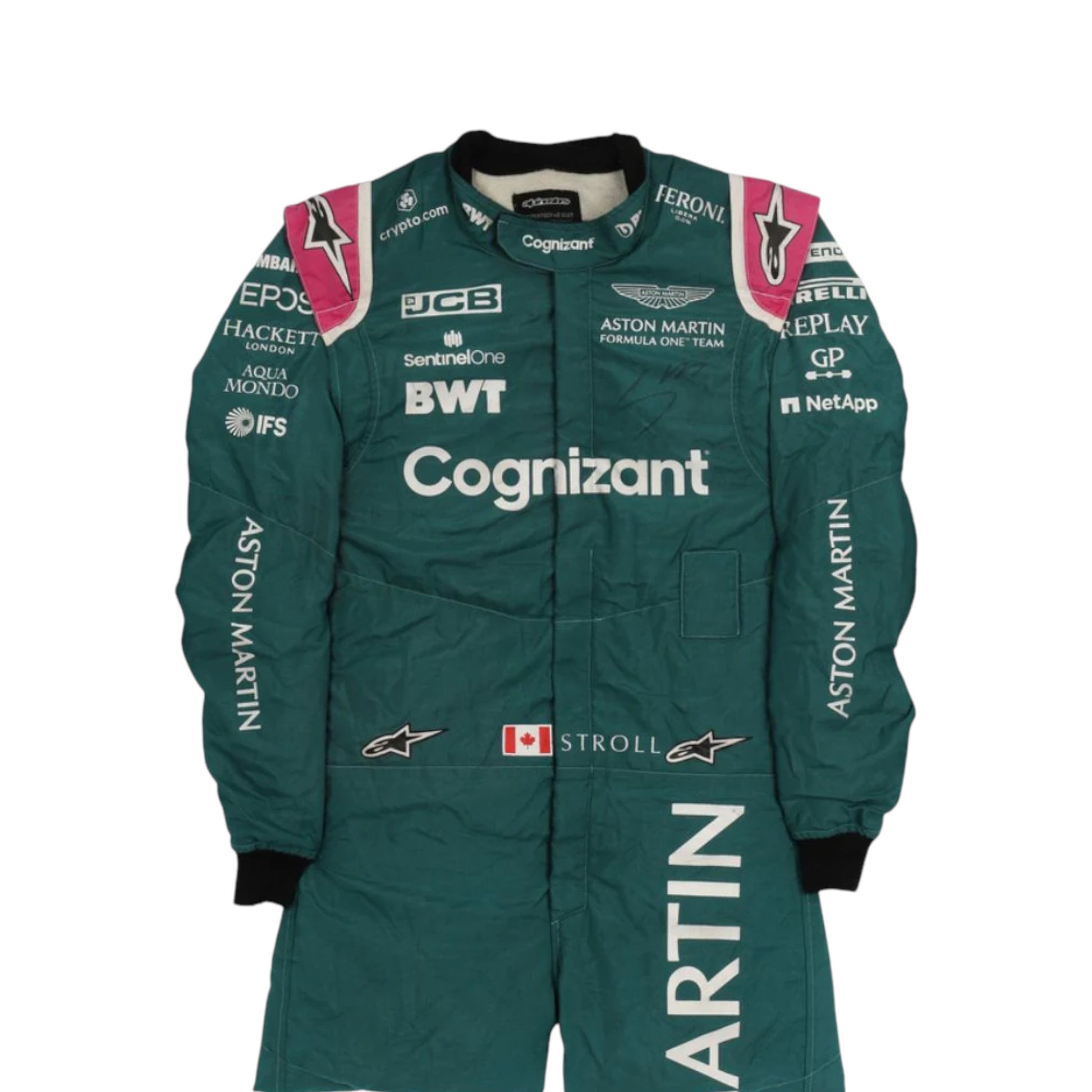 Lance Stroll 2021 Aston Martin F1 race suit replica featuring iconic British racing green design and sponsor logos