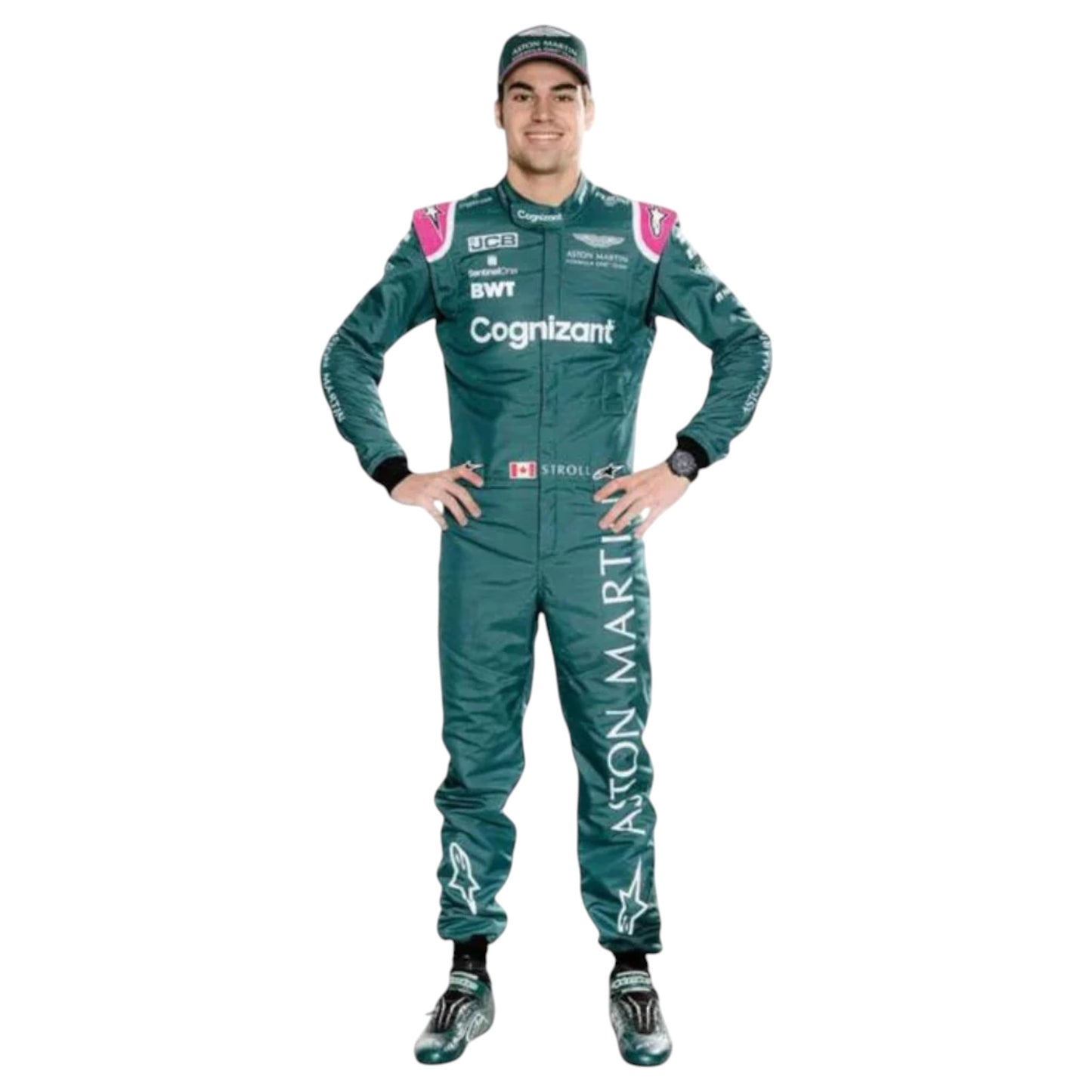 Lance Stroll 2021 Aston Martin F1 race suit replica featuring iconic British racing green design and sponsor logos