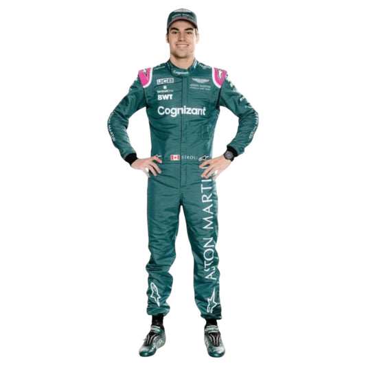 Lance Stroll 2021 Aston Martin F1 race suit replica featuring iconic British racing green design and sponsor logos