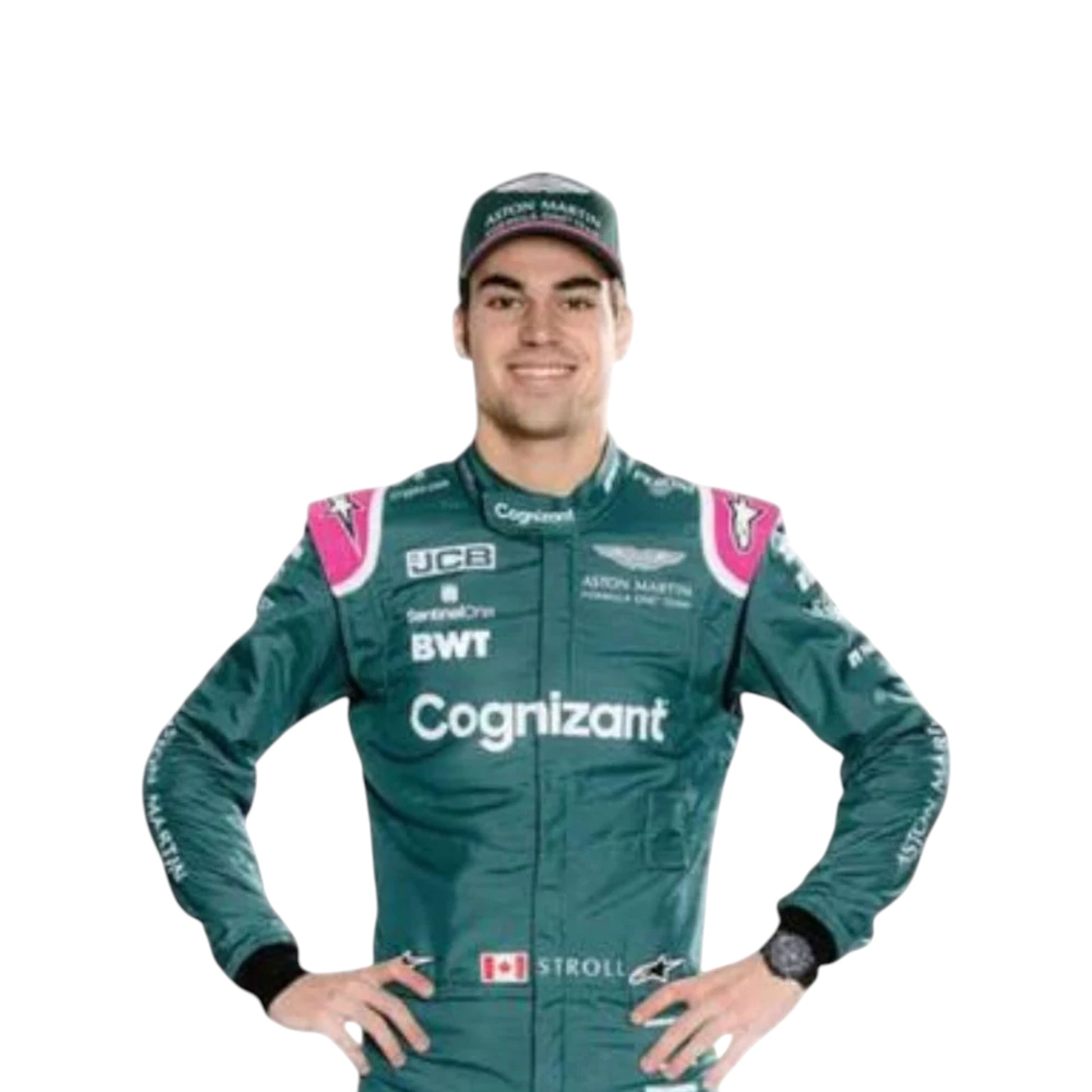 Lance Stroll 2021 Aston Martin F1 race suit replica featuring iconic British racing green design and sponsor logos