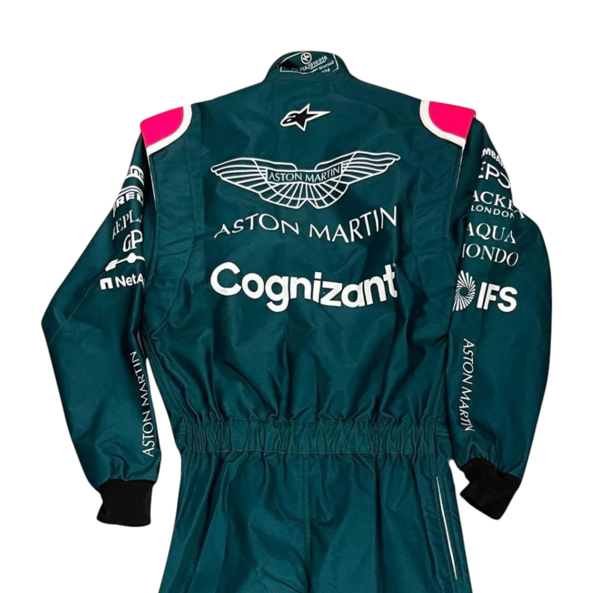 Lance Stroll 2021 Aston Martin F1 race suit replica featuring iconic British racing green design and sponsor logos
