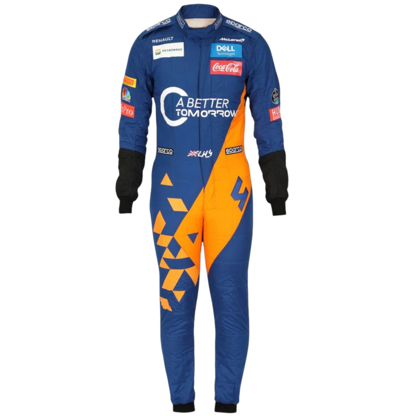 Lando Norris 2019 McLaren F1 race suit replica with blue and papaya orange design featuring team sponsors