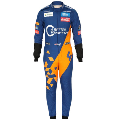 Lando Norris 2019 McLaren F1 race suit replica with blue and papaya orange design featuring team sponsors