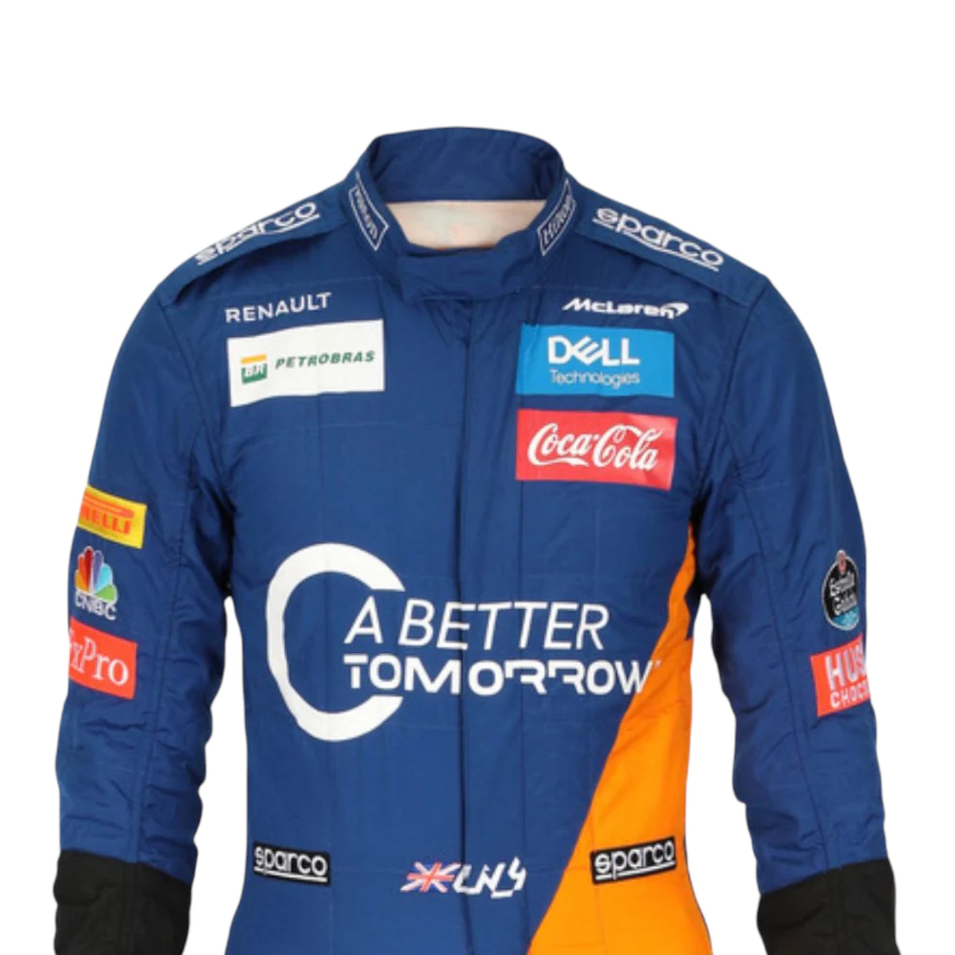Lando Norris 2019 McLaren F1 race suit replica with blue and papaya orange design featuring team sponsors