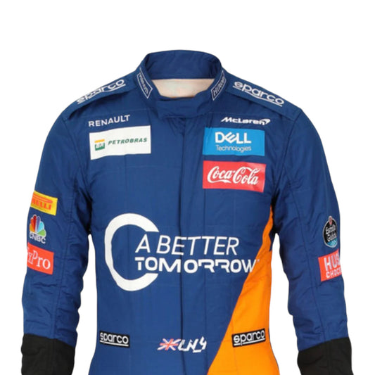 Lando Norris 2019 McLaren F1 race suit replica with blue and papaya orange design featuring team sponsors