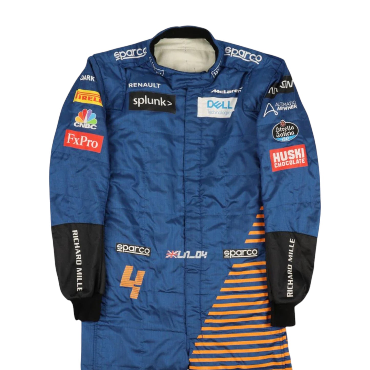 Lando Norris 2020 McLaren F1 race suit replica with blue and papaya orange design featuring sponsor logos