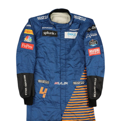 Lando Norris 2020 McLaren F1 race suit replica with blue and papaya orange design featuring sponsor logos