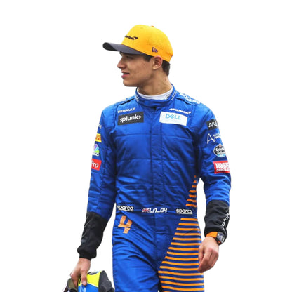 Lando Norris 2020 McLaren F1 race suit replica with blue and papaya orange design featuring sponsor logos