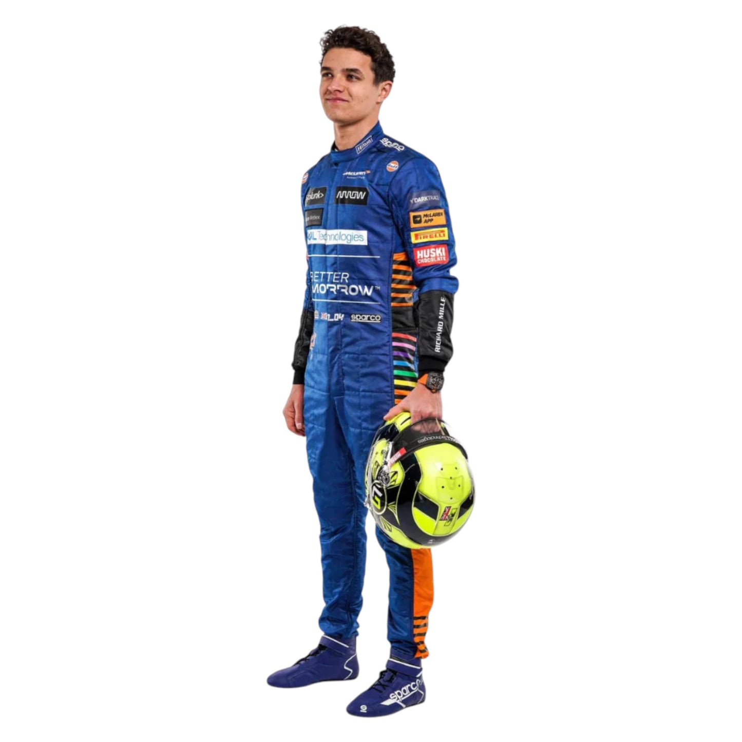 Lando Norris 2021 McLaren F1 race suit replica with blue papaya accent design and team sponsor logos