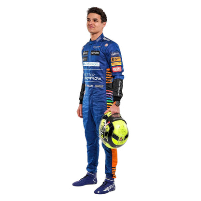 Lando Norris 2021 McLaren F1 race suit replica with blue papaya accent design and team sponsor logos