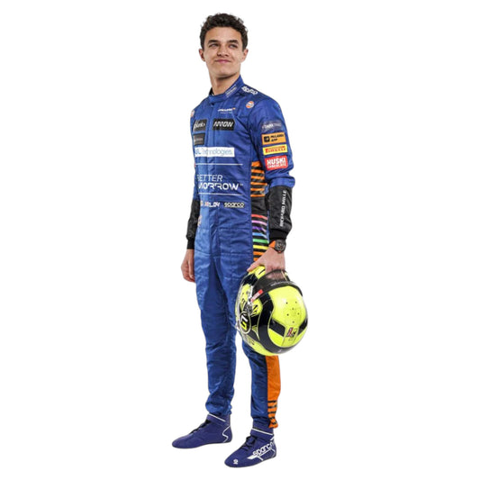 Lando Norris 2021 McLaren F1 race suit replica with blue papaya accent design and team sponsor logos