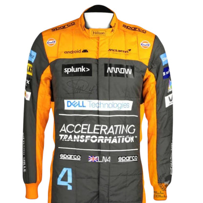Replica of Lando Norris 2022 McLaren F1 driver suit showcasing authentic team branding and design details