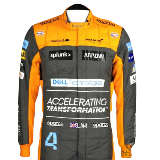 Replica of Lando Norris 2022 McLaren F1 driver suit showcasing authentic team branding and design details