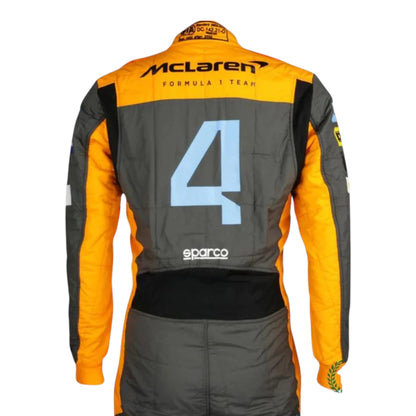 Replica of Lando Norris 2022 McLaren F1 driver suit showcasing authentic team branding and design details
