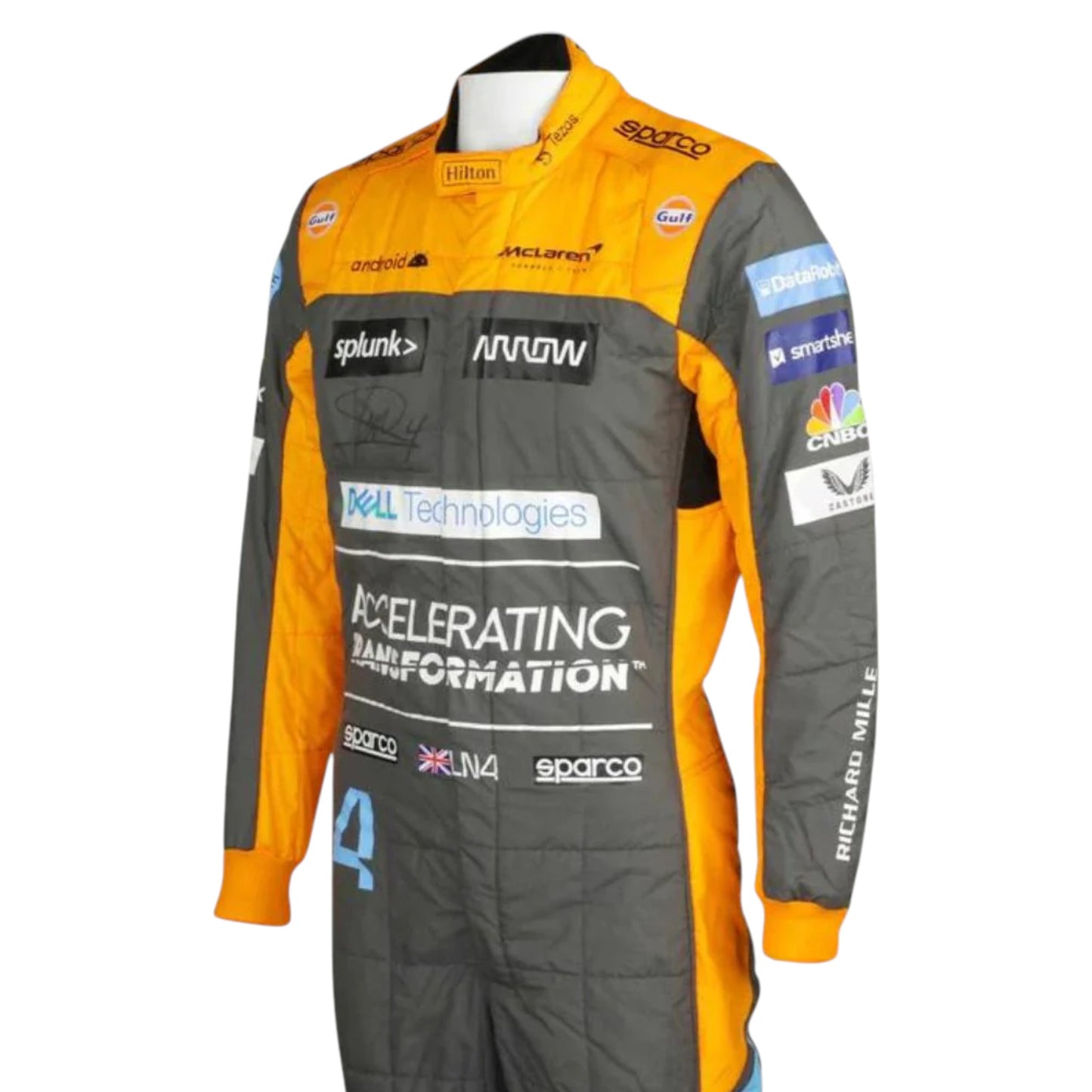 Replica of Lando Norris 2022 McLaren F1 driver suit showcasing authentic team branding and design details