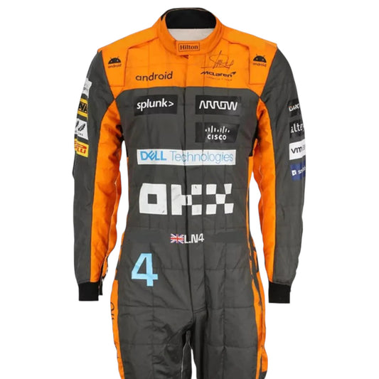 Lando Norris 2023 McLaren F1 race suit replica in papaya orange and black with sponsor detailing