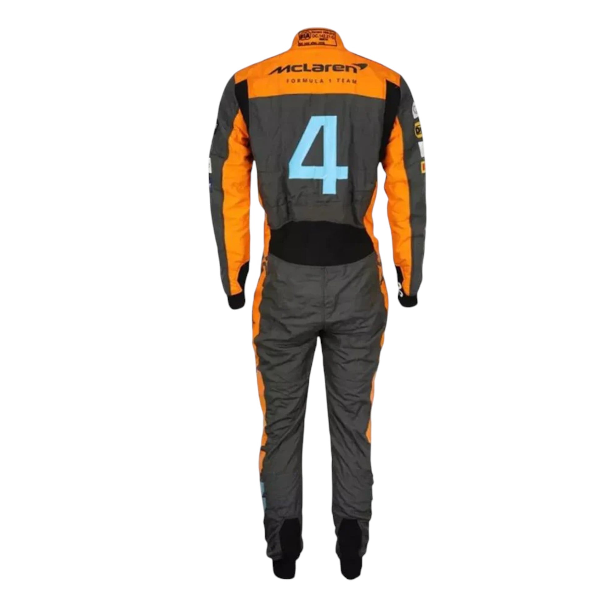 Lando Norris 2023 McLaren F1 race suit replica in papaya orange and black with sponsor detailing