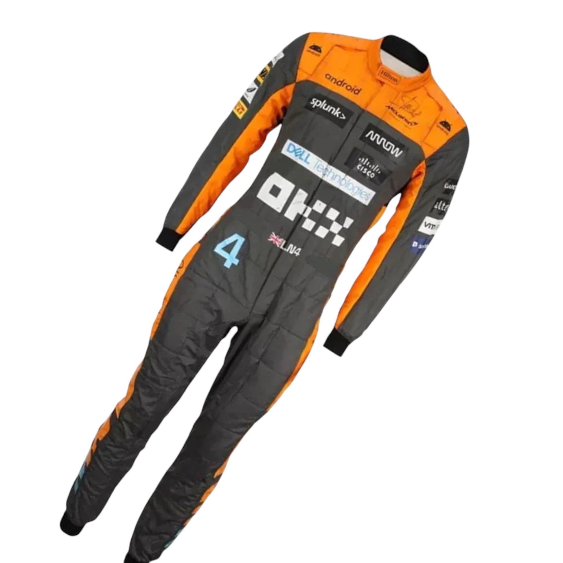 Lando Norris 2023 McLaren F1 race suit replica in papaya orange and black with sponsor detailing